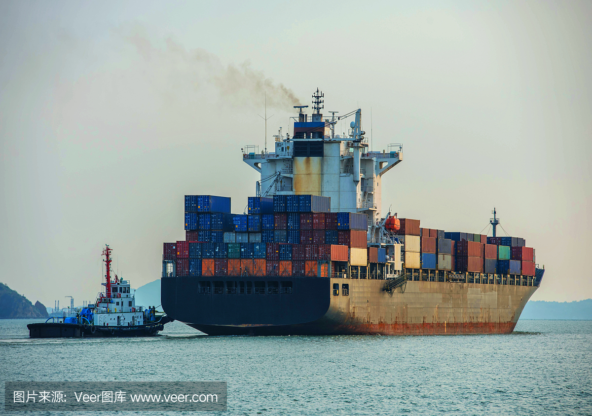 集装箱船在进出口和商业物流。通过起重机,贸易港,航运,货物到港,鸟瞰图,俯视图。